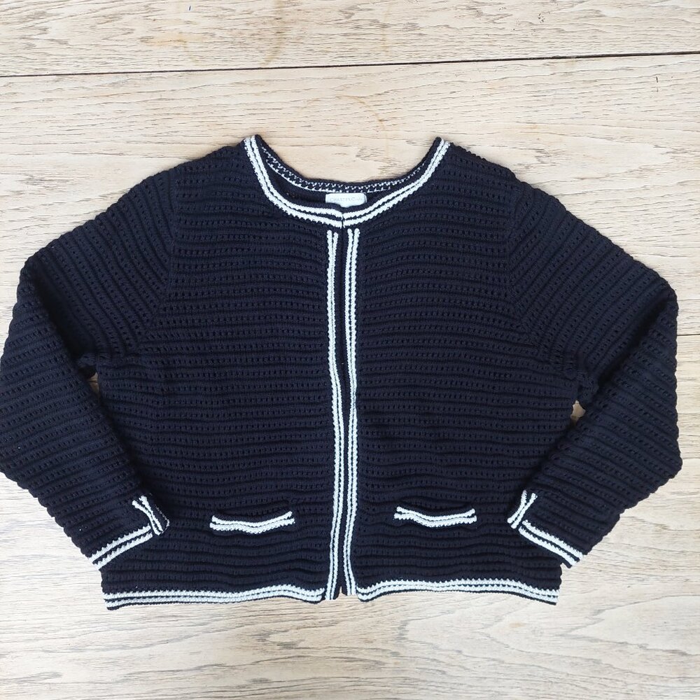 Charter Club loose weave dark navy blue white cotton feel cardigan sweater